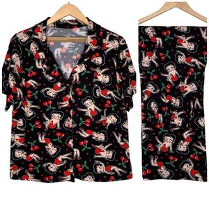 Betty Boop Pajama 2PC Set Size L Black Red Cherries PJs Loungewear